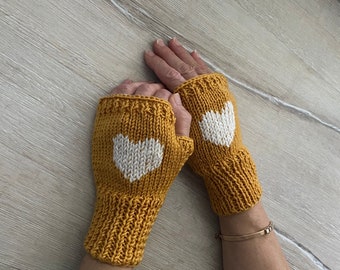 Knit Mustard Fingerless Gloves with Cream Embroidered Heart/ Valentine’s Day Gift / Wrist Warmers / Made to Order