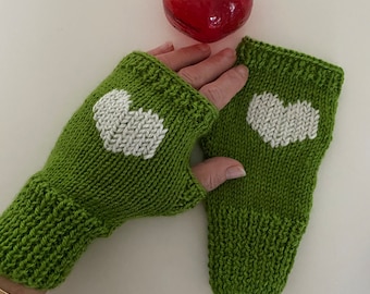 Knit Green Fingerless Gloves  with Cream Embroidery Heart / Valentine’s Day Mittens / Driving Glove / Handmade gift /  Made to Order