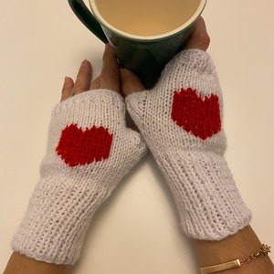 Valentine’s Day Heart Fingerless Gloves / White with Red Embroidered  Heart / Arm Warmers / Handknit Mittens / Driving Glove / Made to Order