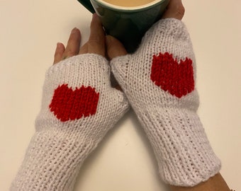 Valentine’s Day Heart Fingerless Gloves / White with Red Embroidered  Heart / Arm Warmers / Handknit Mittens / Driving Glove / Made to Order
