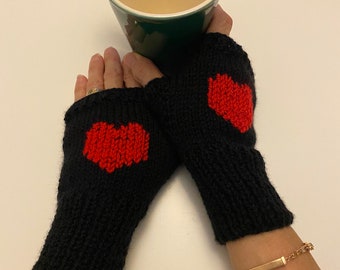 Hand Knit Black Fingerless Gloves with Red Embroidered Heart, Wrist Warmers, Gift for Best Friends , Mittens, Arm Warmers, Made to Order
