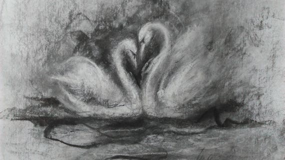 Oryginalny Rysunek Węgiel Drzewny Sztuka Kreda Kształt Serca łabędzie Miłości Dar Miłości Podpisany Rysunek Wystrój ściany Love Art Oryginalny