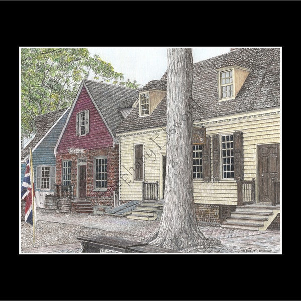 Colonial Williamsburg's Millinery and James Craig Jewelers, Williamsburg, VA 8 x 10 Pen and Ink/Colored Pencil Giclee Print in 11 x 14 mat