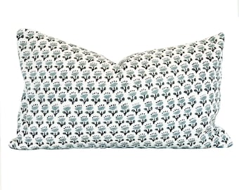PORTLAND | 12x20 Blue Tulip Block Print Lumbar Pillow, Designer Pillow, Pillow Cover, Throw Pillow, Transitional, Modern Traditional, Floral