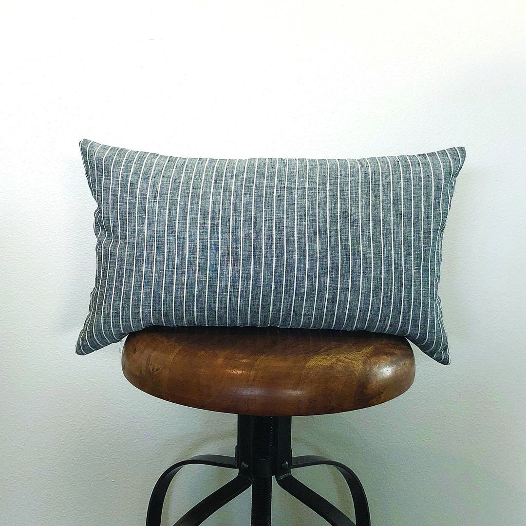 12 X 20 Black Pinstriped Linen Lumbar Pillow, Designer Pillow, Pillow