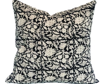 VALENCIA | 20x20 Brown and White Floral Kantha Pillow, Designer Pillow Cover, Throw Pillow, Transitional, Modern Traditional, Vintage