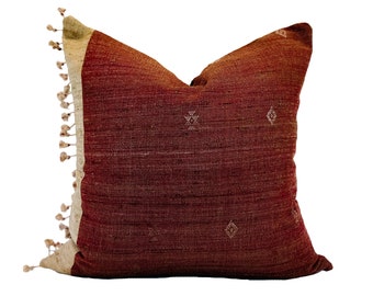 OOAK #27  | 18 X 18 Maroon and Beige Indian Silk w/ Tassels, Designer Pillow, Throw Pillow, Transitional, Modern Traditional, Vintage Pillow