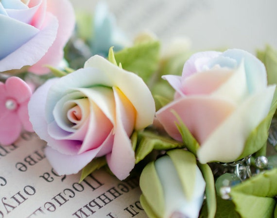 Bracelet With Pastel Rainbow Roses Tie Dye Bracelet Multicolor Roses Colorful Roses Jewelry Fimo Roses Bracelet Sterling Silver Metal - 