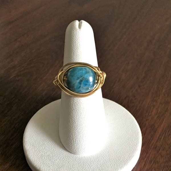 Apatite Ring in Brass. Semi Precious Gemstone wrapped in 100% Pure Brass Wire Ring in Size 7. Teal Blue Stone, Gold Tone Birds Nest Ring.