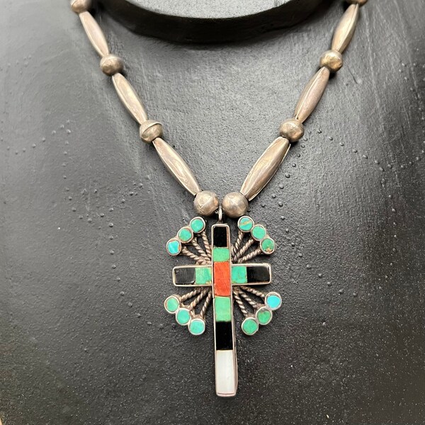 Vintage Zuni Unusual Cross Pendant on Navajo Pearl Beads