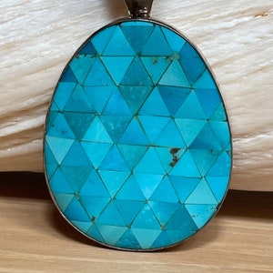 Wonderful Reversable Turquoise Inlay Pendant Geometric Pattern Pinwheel Quilt