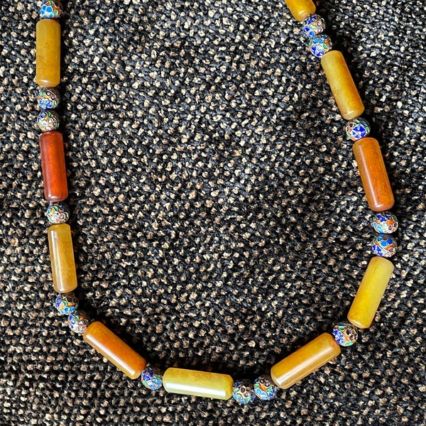Awesome Antique Stone Bead And Cloisonné Bead Necklace
