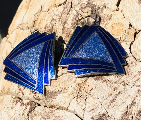 Beautiful Blue Enamel Earrings 1970’s-80’s Art De… - image 2