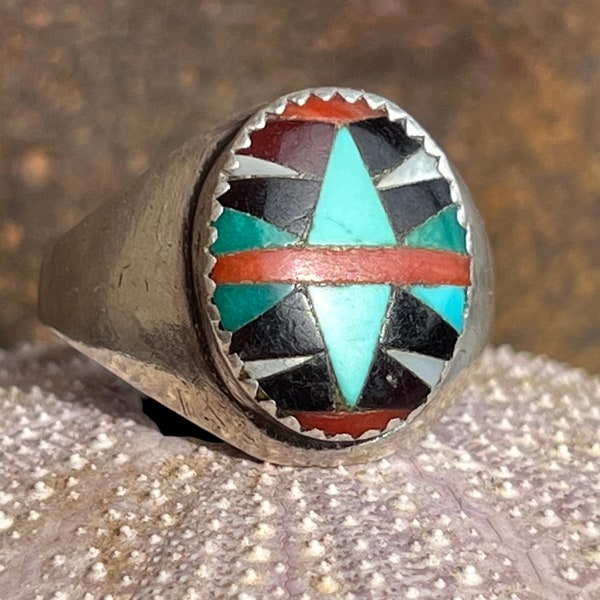 Zuni Inlay Mens (or Ladies) Inlay Ring Geometric Pattern