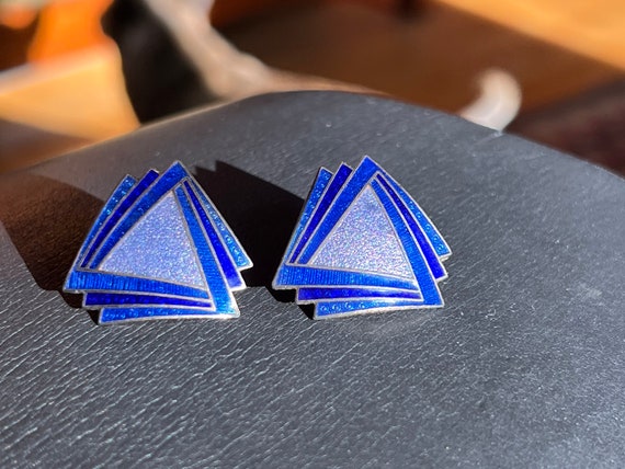 Beautiful Blue Enamel Earrings 1970’s-80’s Art De… - image 3