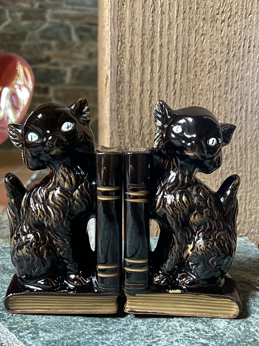 Ceramic Black Cat Bookends With Small Vases or Pencil Holders Etsy