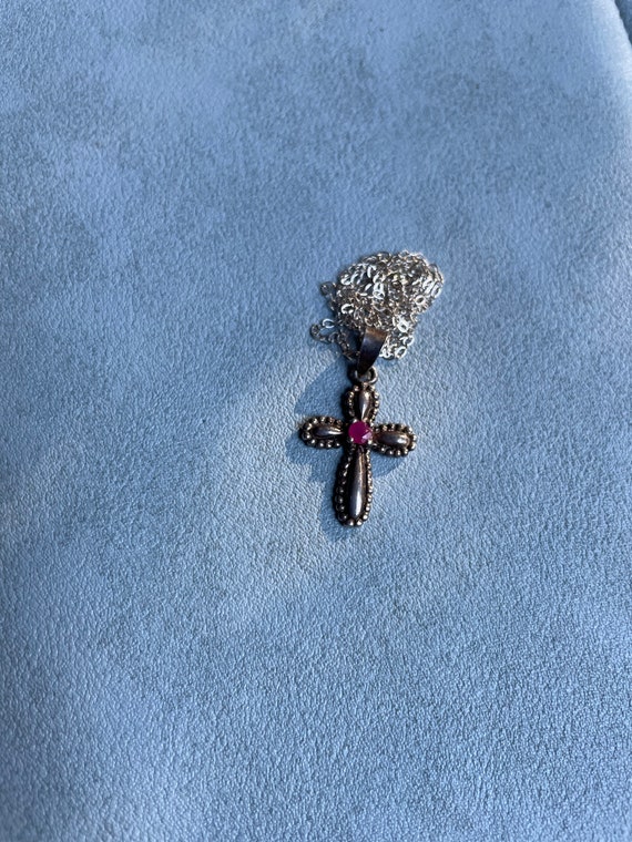 Delicate Sterling Silver Cross with Genuine Ruby … - image 3