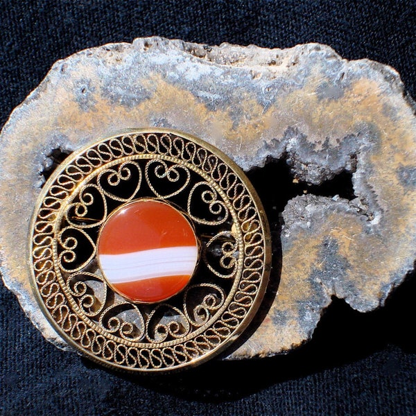 Vintage Filigree Banded Agate Carnelian Brooch or Pin by WINARD