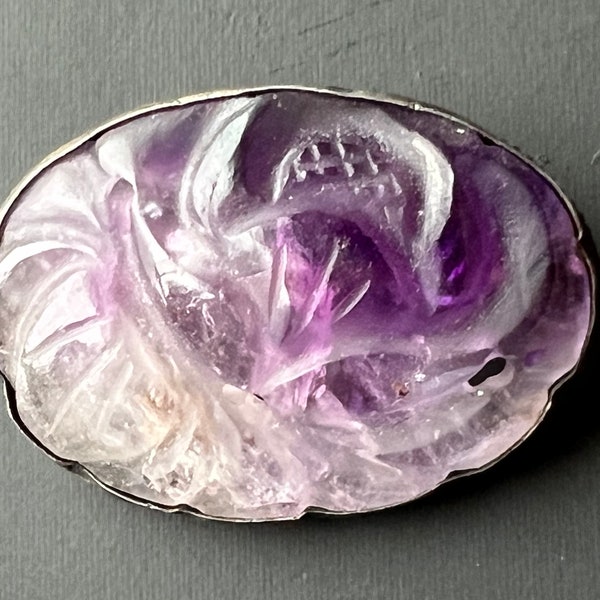 Antique Chinese Carved Lotus Amethyst Pin / Brooch Art Deco