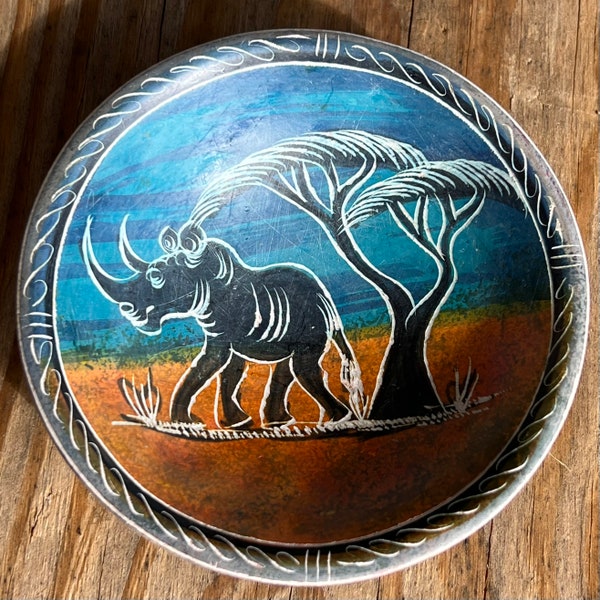 Wonderful Hand Painted African Soapstone Trinket Dish with a Rhinoceros
