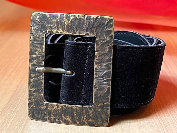 Vintage Italian Suede Black Belt With Big Pilgrim… - image 1