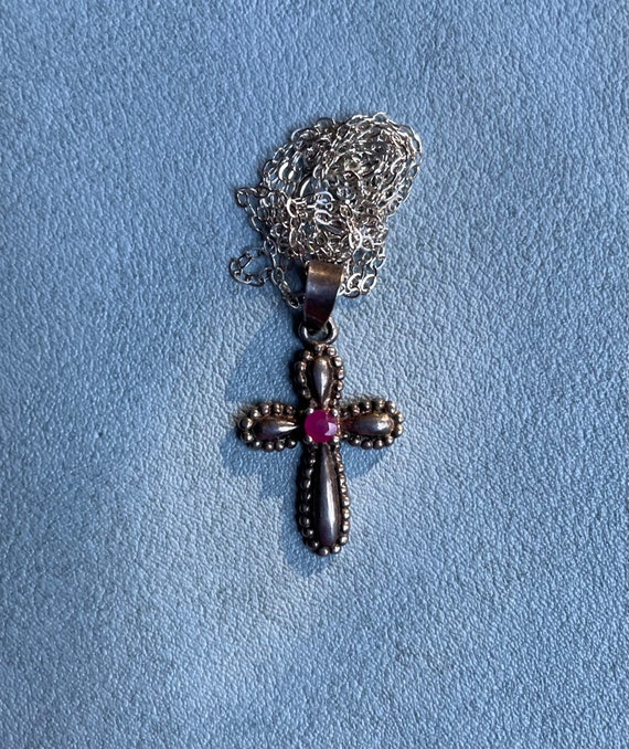 Delicate Sterling Silver Cross with Genuine Ruby … - image 4