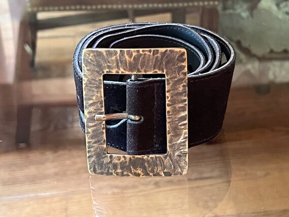 Vintage Italian Suede Black Belt With Big Pilgrim… - image 2