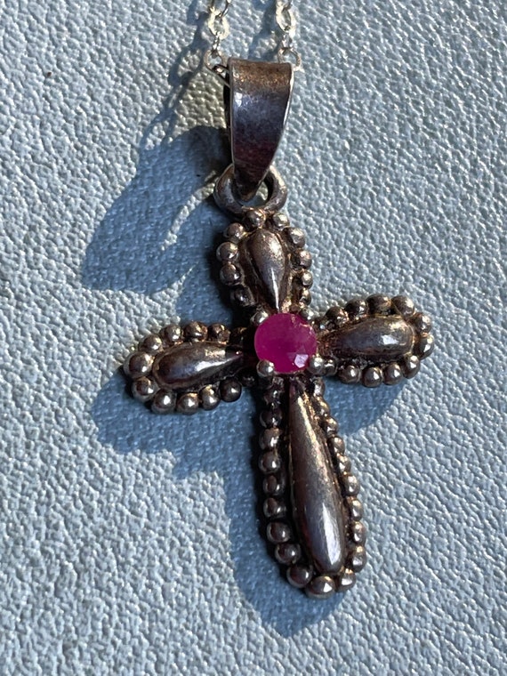 Delicate Sterling Silver Cross with Genuine Ruby o