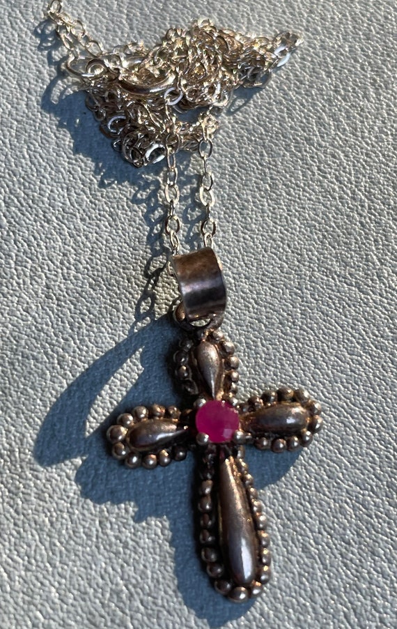 Delicate Sterling Silver Cross with Genuine Ruby … - image 2