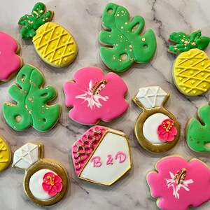 Tropical Wedding Cookies (1 Dozen): Hibiscus, Pineapple, Monogram, Leaf & Ring