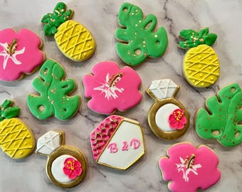 Tropical Wedding/ Bridal Shower Cookies (1 Dozen): Hibiscus, Pineapple, Monogram, Leaf & Ring