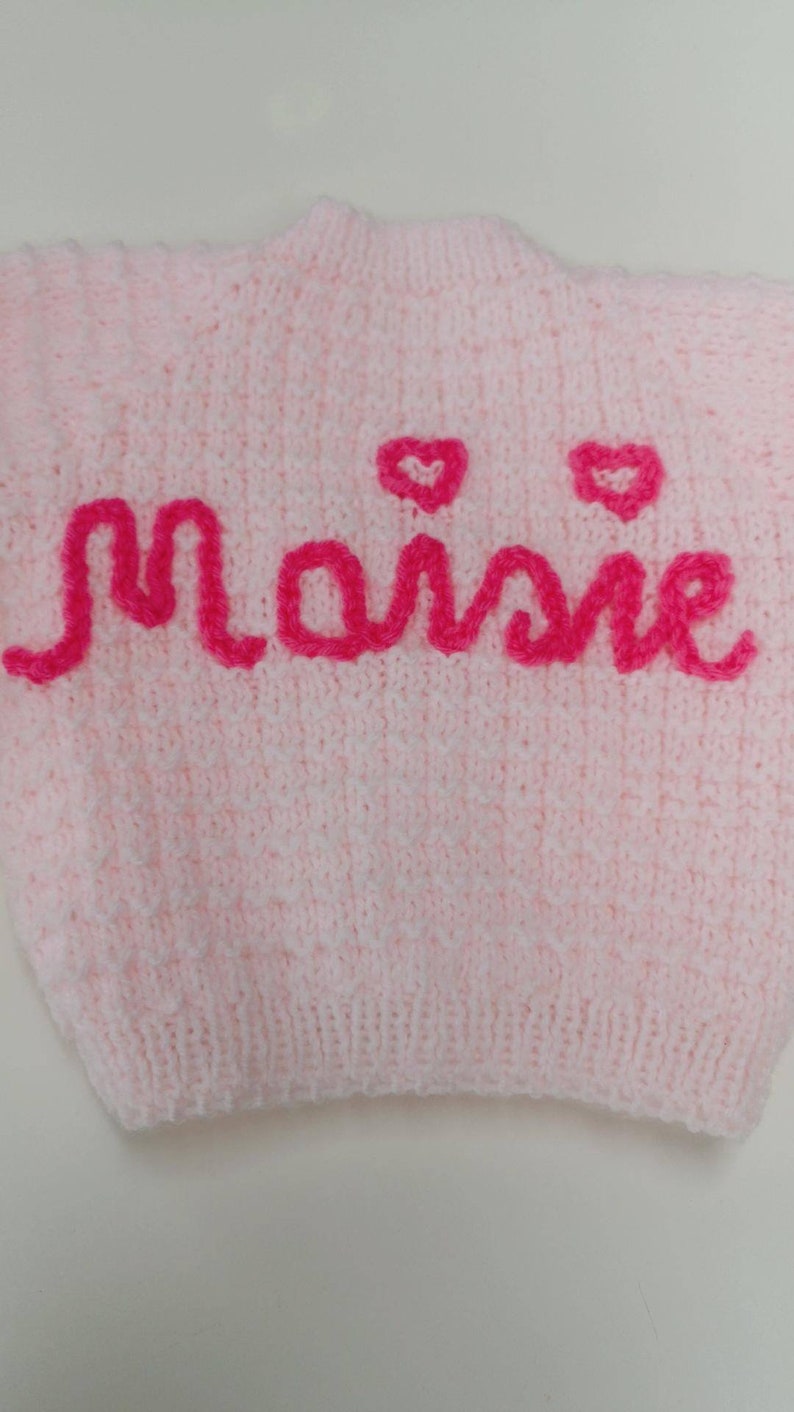 Ainm, Hand-knitted baby cardigan, personalised with your baby's name by me, Irish baby knitwear, embroidered baby cardigan. image 2