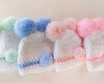 Pompom fun baby hat, Irish Baby hat, soft baby hat.