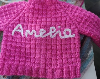 Ainm, Hand-knitted baby cardigan, personalised with your baby's name by me, Irish baby knitwear, embroidered baby cardigan.