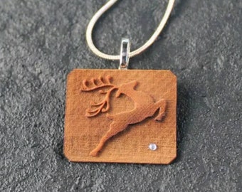 Wood Christmas Reindeer Sterling Silver Necklace