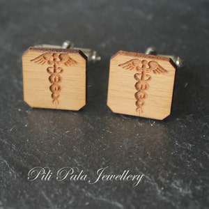 Winged Serpent and staff Wood Cuff Links. Doctor, Physician, Surgeon. Cufflinks.