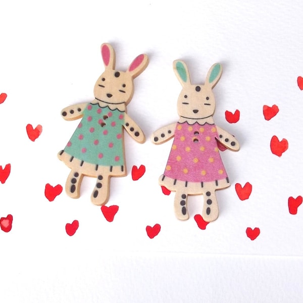 Big wooden bunnies buttons in dresses. Set of 2. rabbits, blue, pink, beige, natural, Easter, Boho, Rustic, Country. Cardmaking Valentine