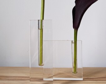 Pair of vintage Acryljc bud vases, one square one rectangle