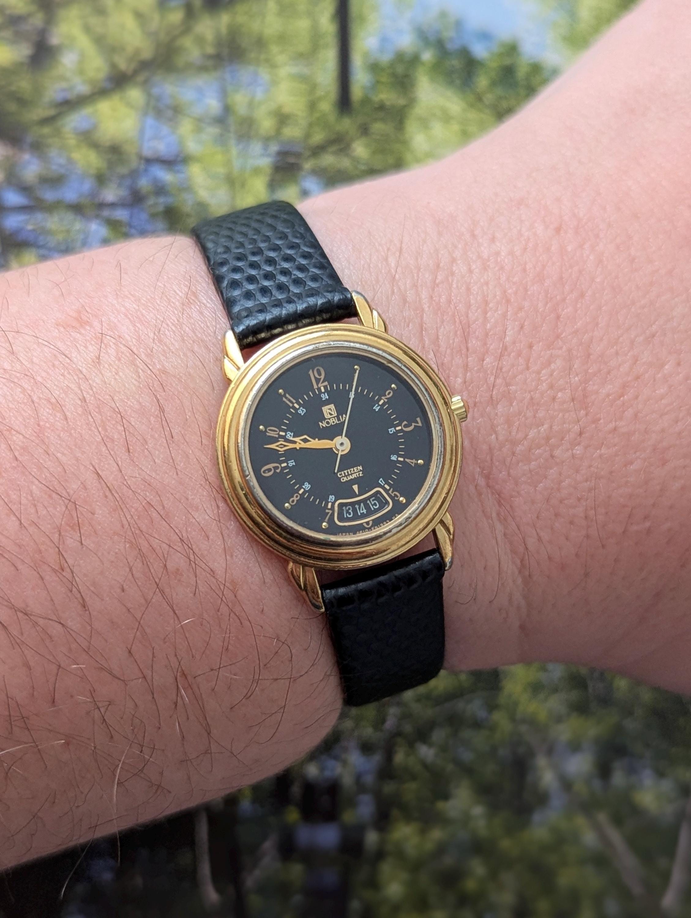 Vintage CITIZEN Gold Tone Quartz Watch With New Black Leather Band Vintage CITIZEN Gold Tone Quartz Watch With New Black Leather Band