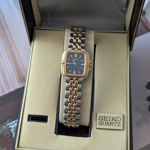 Vintage Seiko Ladies Tank Watch Two-tone Black Dial Working New Battery Seiko Tank Watch Women 17mm Black Dial Gold Tone 2Y01-5D20  main image 4
