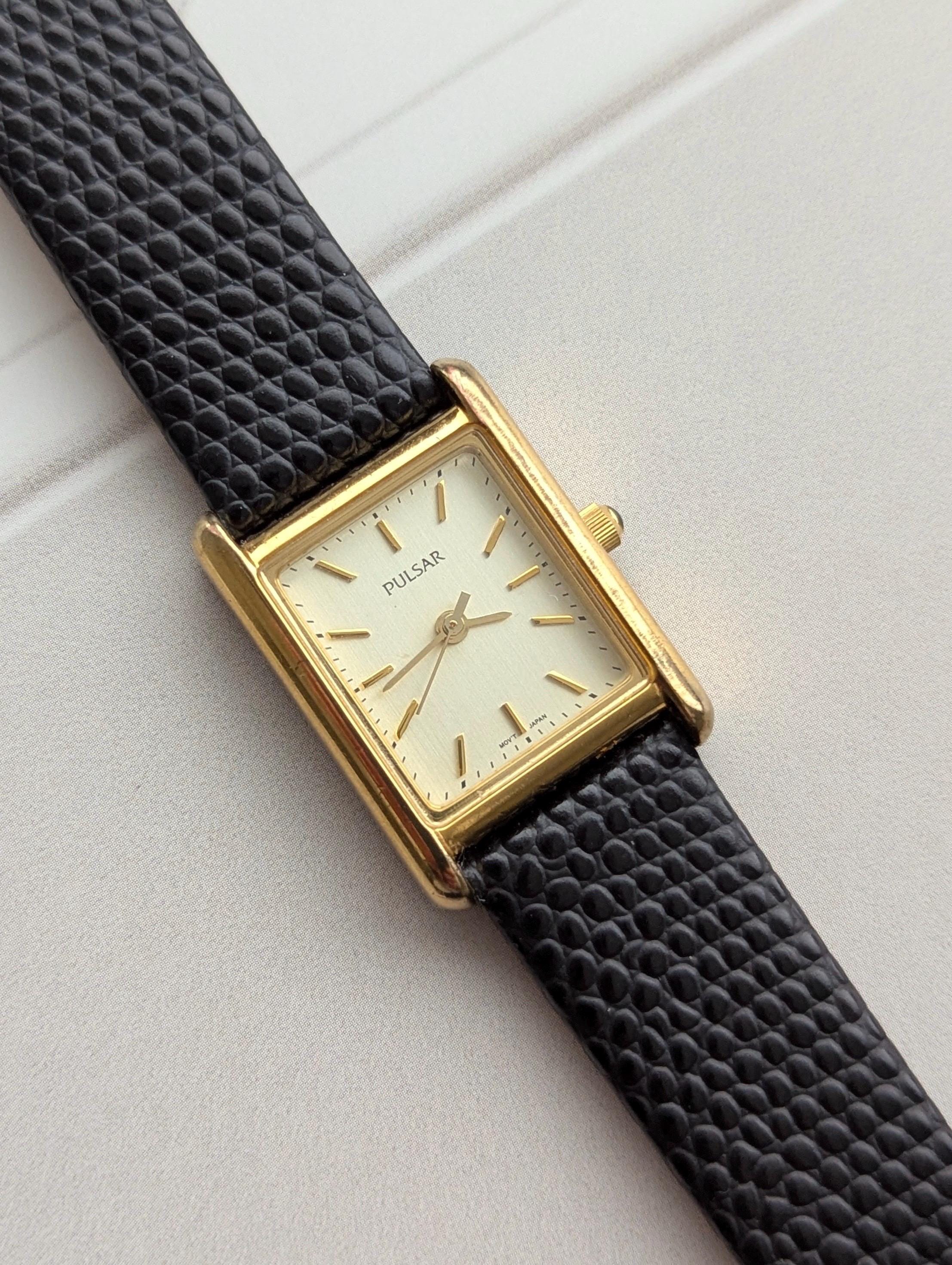 Vintage PULSAR Gold Tone Tank Watch With New Black Leather 