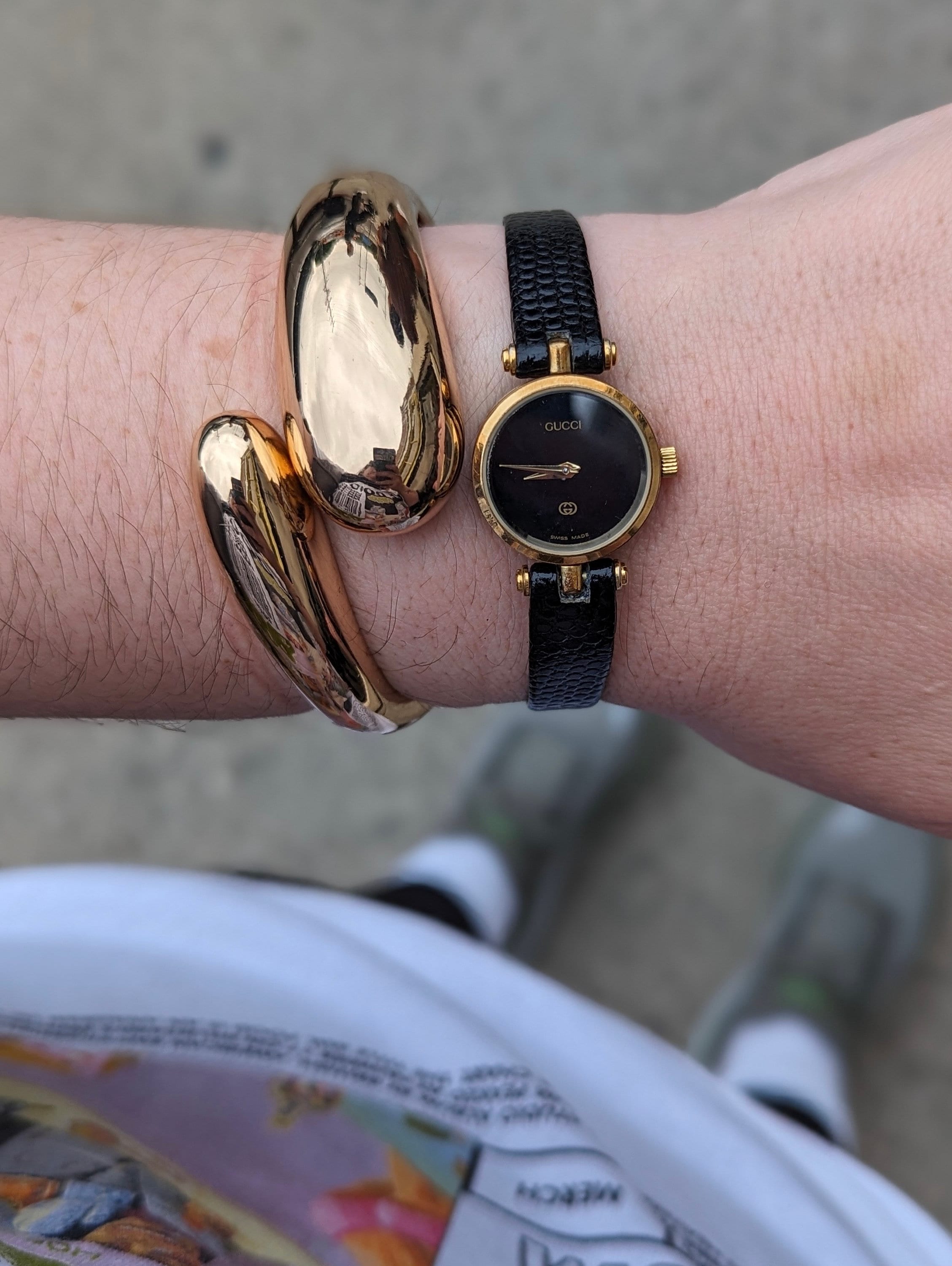 Vintage 1980s GUCCI Stacked Black and Gold Wrist Watch With