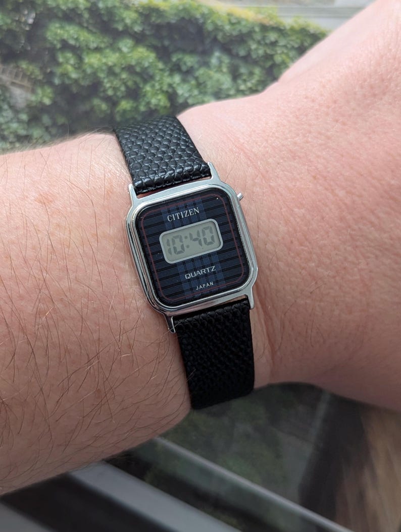 Vintage CITIZEN Silver Tone Digital Quartz Watch with New Black Leather Band and New Battery. Best fits 7” wrist or smaller. image 1