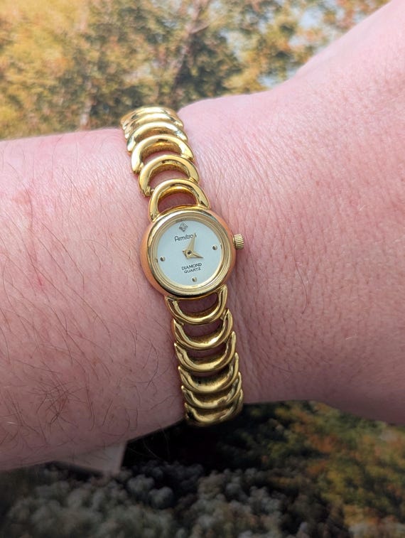 Vintage ARMITRON Gold Tone Quartz Tank Watch With Diamond  display picture 1