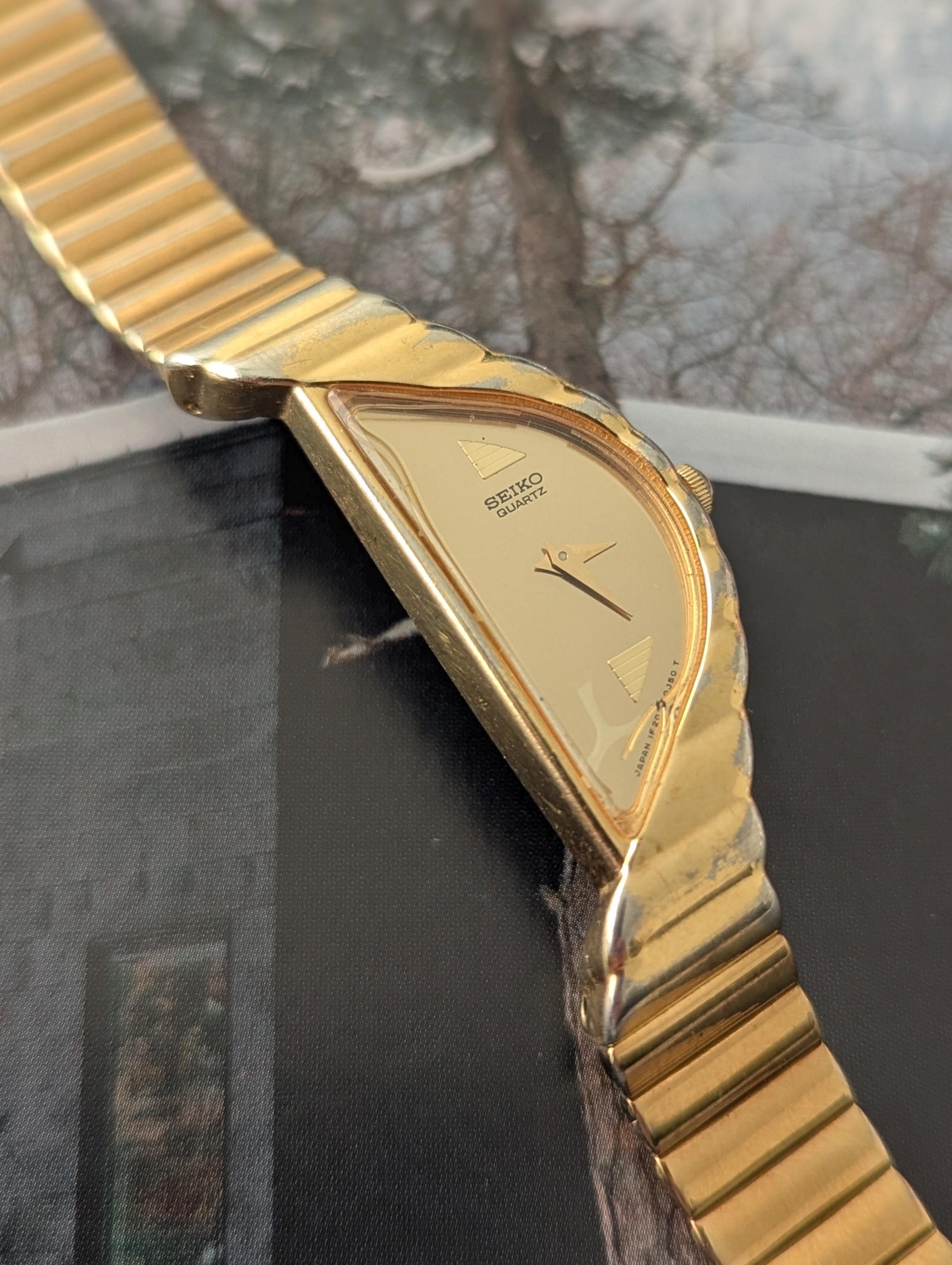 Vintage SEIKO Half Moon Watch from Gold Tone Quartz Watch with new battery. Fits 6.5” wrist or smaller.