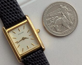 Vintage PULSAR Gold Tone Tank Watch With New Black Leather  display picture 1