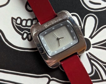 Vintage Quartz Watch Dark Red Patent Band Silver Bezel with New Battery. Fits up to 7” wrist.