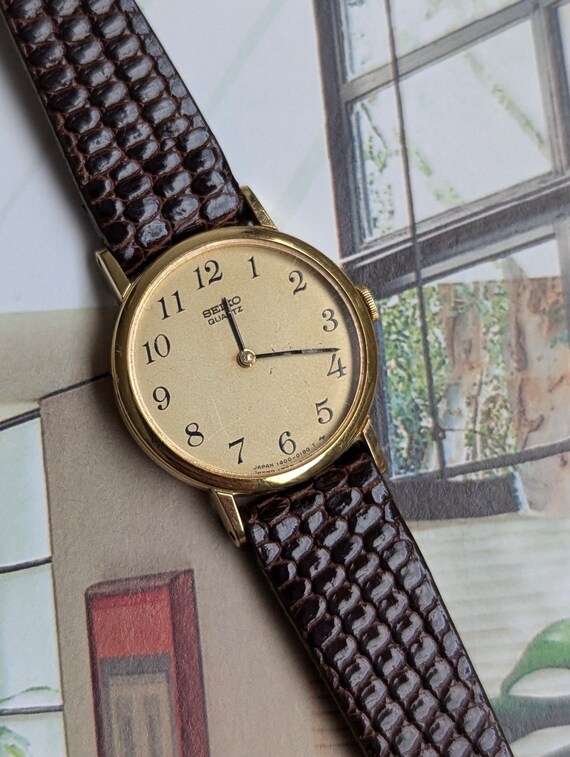 Vintage SEIKO Gold Tone Quartz Watch With Original Brown Lizard Leather Band and New Battery. Best Fits 6.75 Wrist or Smaller. Etsy