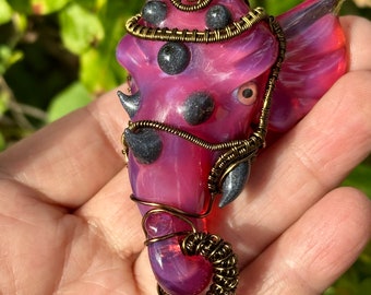 Pink Ganesha with Grey Details and Bronze wire Wrap!