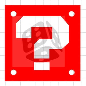 May include: A red square with a white question mark inside. The question mark is in the style of a classic video game.